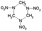 Vzorec HEXOGENU (1,3,5-trinitro-1,3,5-triazocyklohexan)